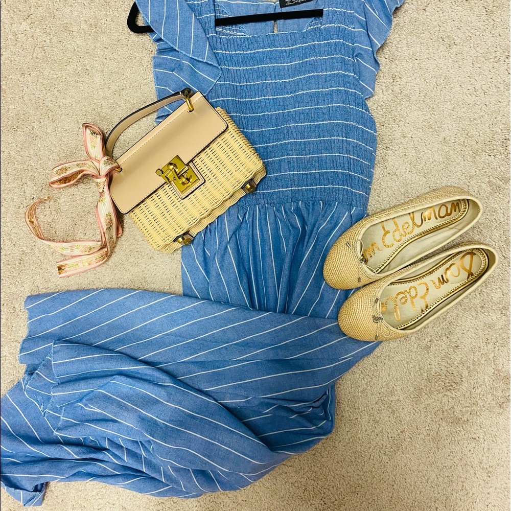 Striped flutter chambray linen style midi dress